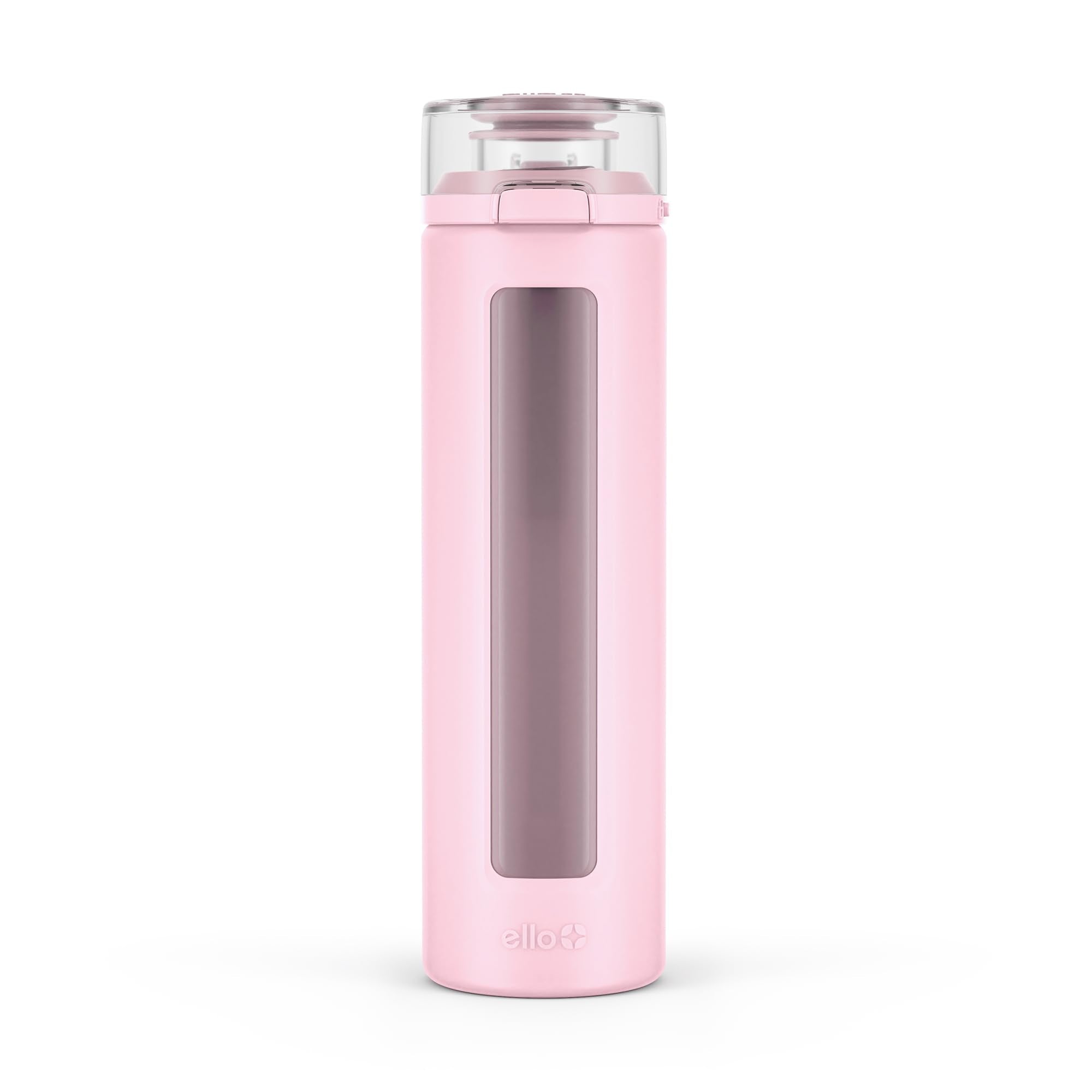 Ello Syndicate 20oz Reusable Glass Water Bottle with One-Touch Leak Proof Flip Lid and Protective Non-Slip Silicone Sleeve and Carry Loop for Coffee, Tea and Water, BPA-free, Dishwasher Safe, Pink
