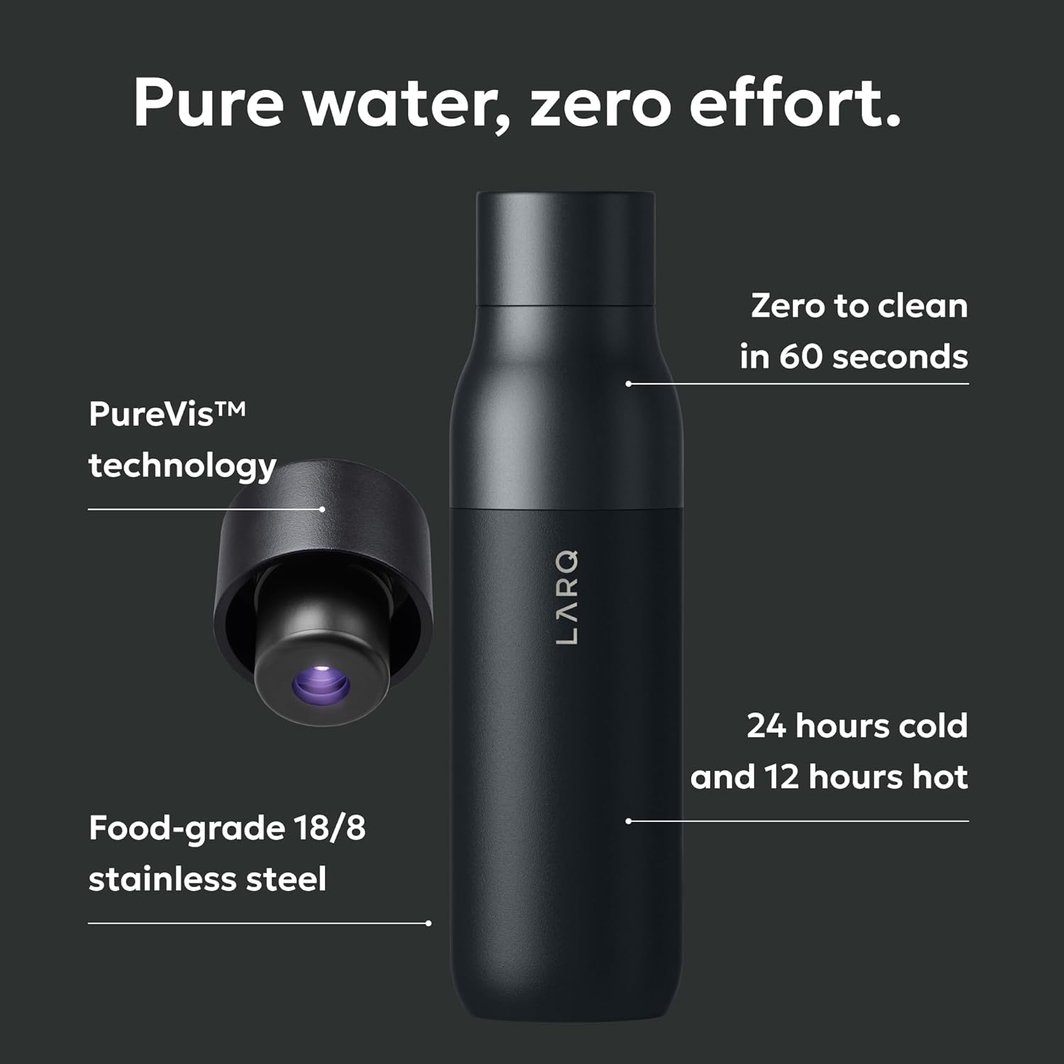 LARQ Bottle PureVis 17 oz - Self-Cleaning and Insulated Stainless Steel Water Bottle with UV Water Purifier and Award-winning Design | Reusable & Travel Friendly, Obsidian Black