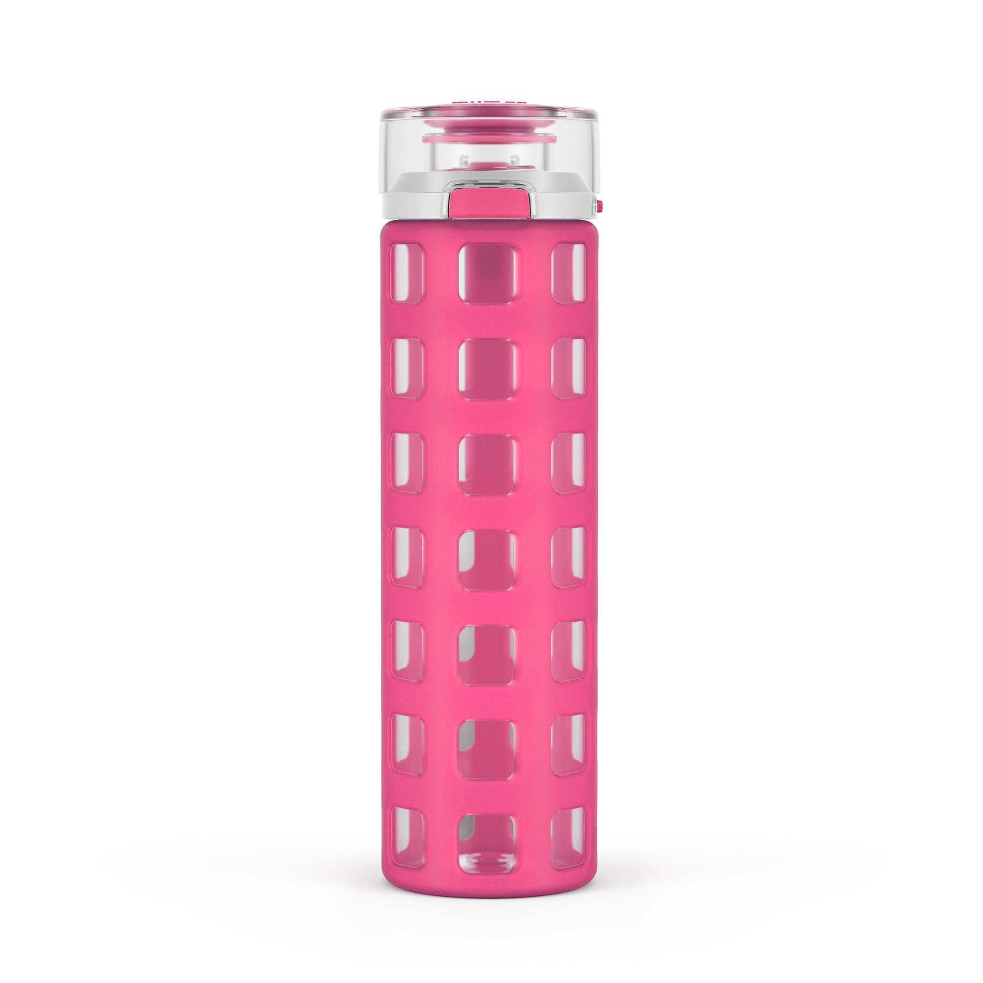 Ello Syndicate 20oz Reusable Glass Water Bottle with One-Touch Leak Proof Flip Lid and Protective Non-Slip Silicone Sleeve and Carry Loop for Coffee, Tea and Water, BPA-free, Dishwasher Safe, Pink