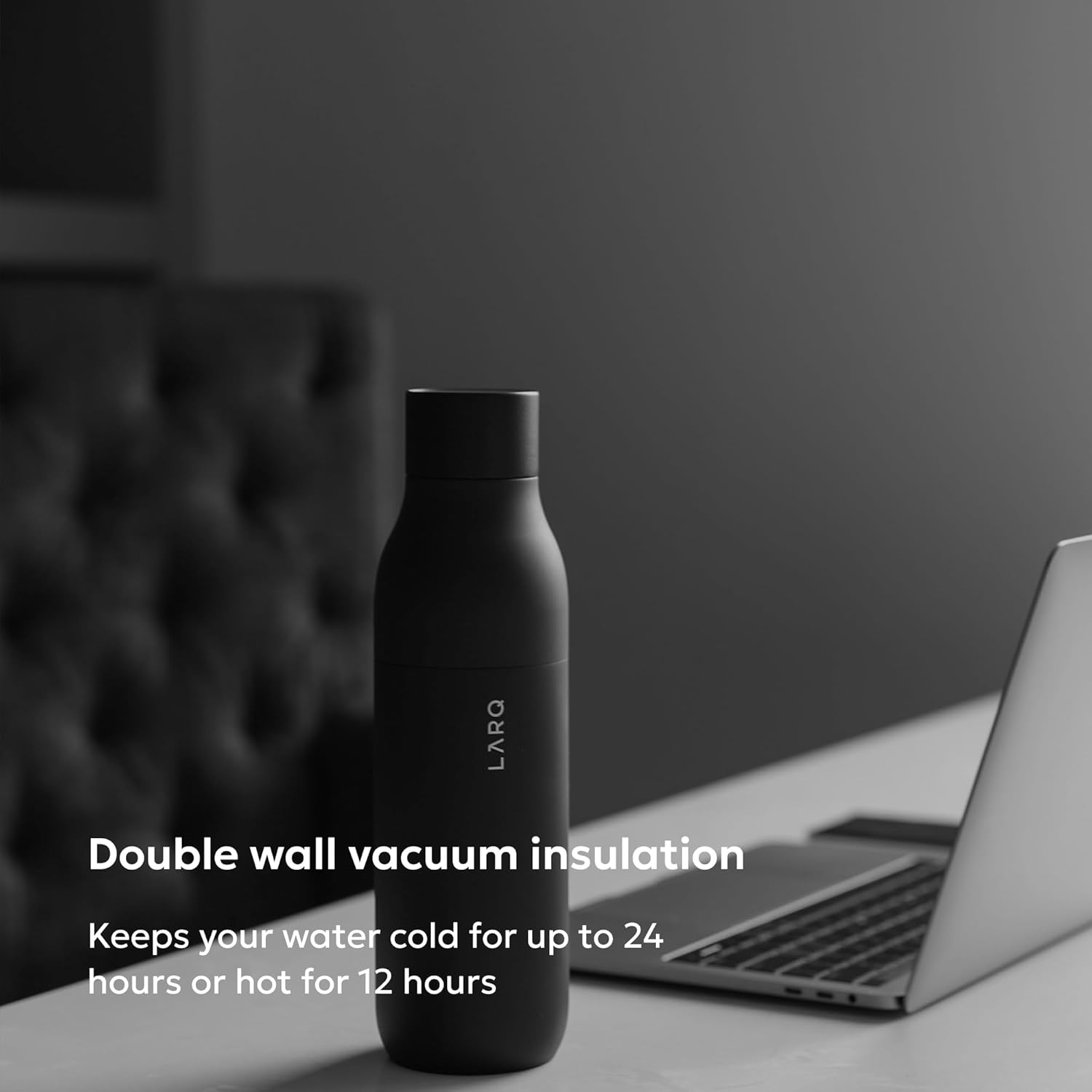 LARQ Bottle PureVis 17 oz - Self-Cleaning and Insulated Stainless Steel Water Bottle with UV Water Purifier and Award-winning Design | Reusable & Travel Friendly, Obsidian Black