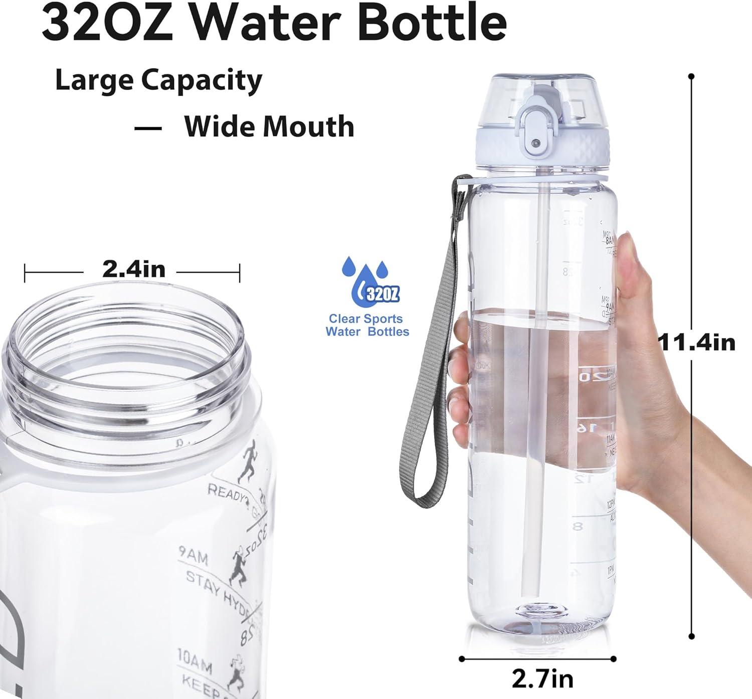 GOPPUS Water Bottle Clear Water Bottle with Straw 32oz Plastic Water Bottles BPA Free Tritan Wide Mouth Bottle Leakproof Motivational bottles water for Gym,Hiking,School or Office(1 Bottles)