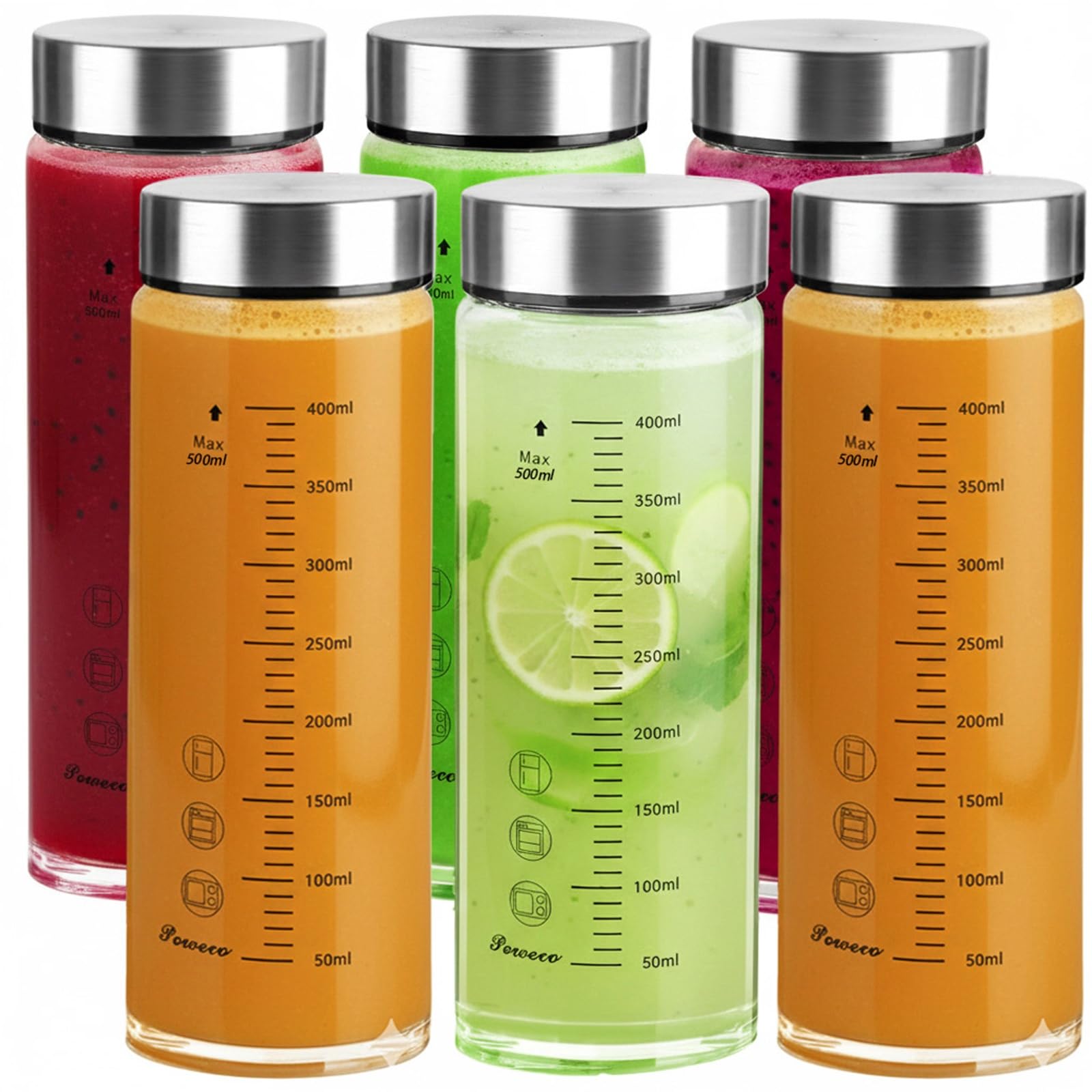 Glass Juice Bottles 4 Pack 20 oz - Wide Mouth Glass Water Bottles with Lids - for Juicing, Protein, Smoothie, Milk, Reusable, BPA Free, Stainless Steel Lids, Blender, Shaker Bottle (600ml)