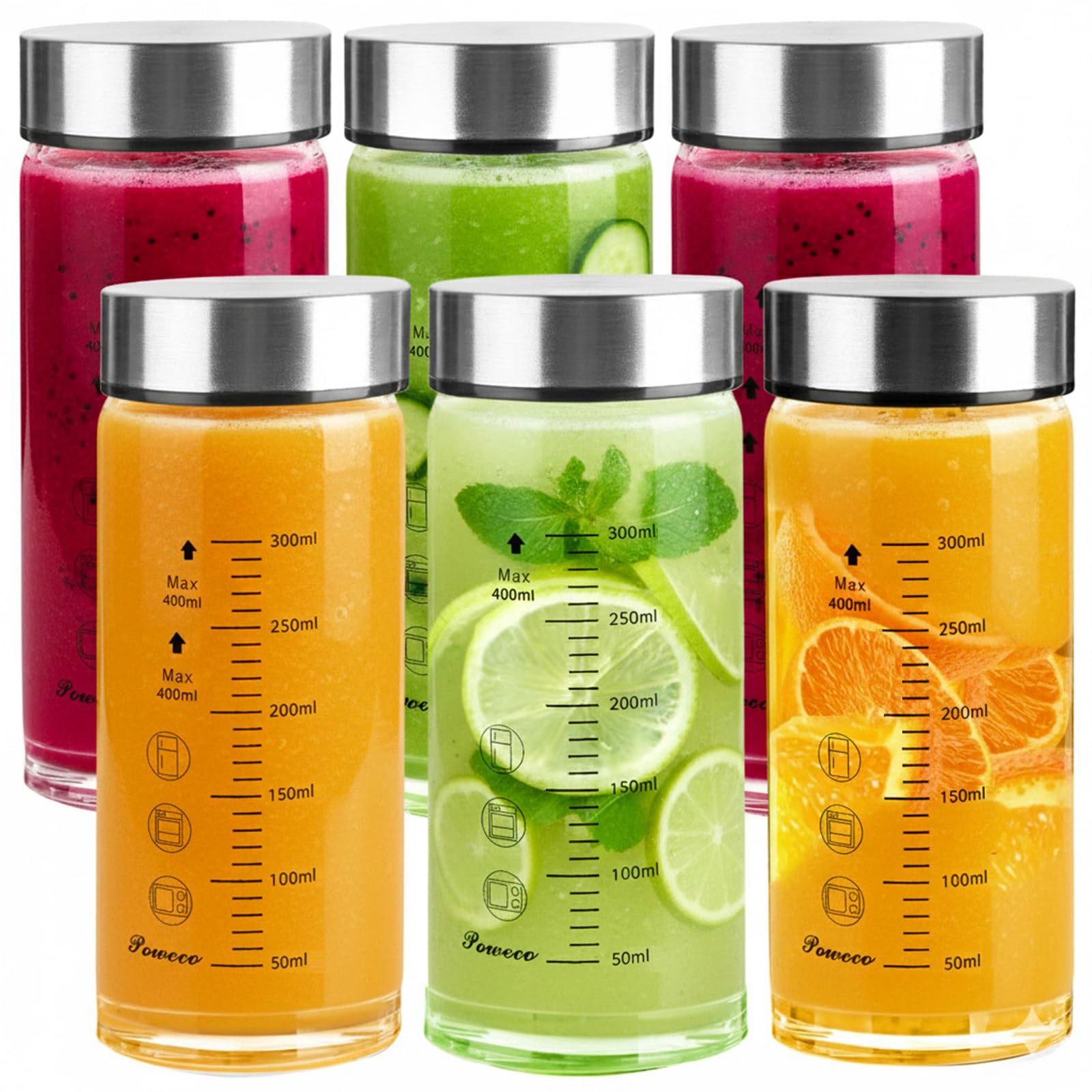 Glass Juice Bottles 4 Pack 20 oz - Wide Mouth Glass Water Bottles with Lids - for Juicing, Protein, Smoothie, Milk, Reusable, BPA Free, Stainless Steel Lids, Blender, Shaker Bottle (600ml)