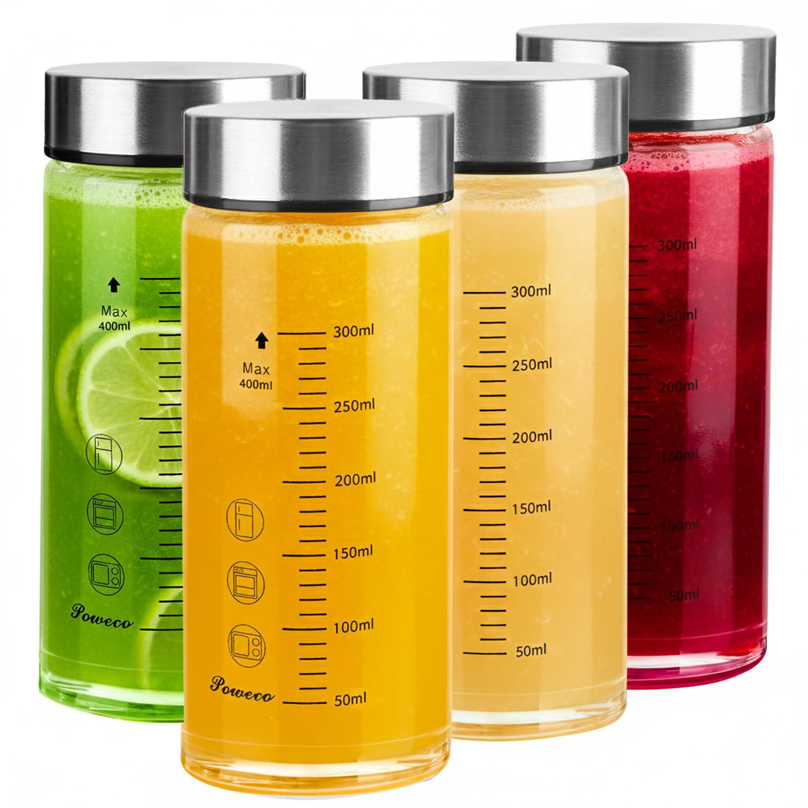 Glass Juice Bottles 4 Pack 20 oz - Wide Mouth Glass Water Bottles with Lids - for Juicing, Protein, Smoothie, Milk, Reusable, BPA Free, Stainless Steel Lids, Blender, Shaker Bottle (600ml)