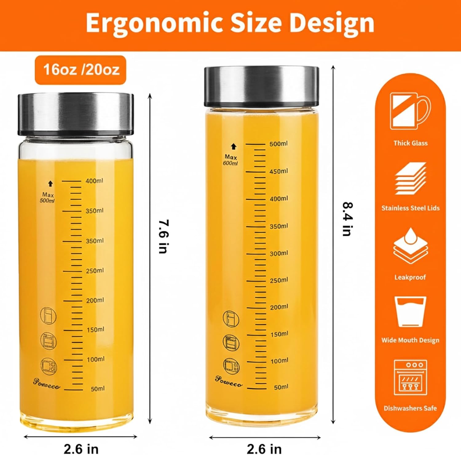 Glass Juice Bottles 4 Pack 20 oz - Wide Mouth Glass Water Bottles with Lids - for Juicing, Protein, Smoothie, Milk, Reusable, BPA Free, Stainless Steel Lids, Blender, Shaker Bottle (600ml)