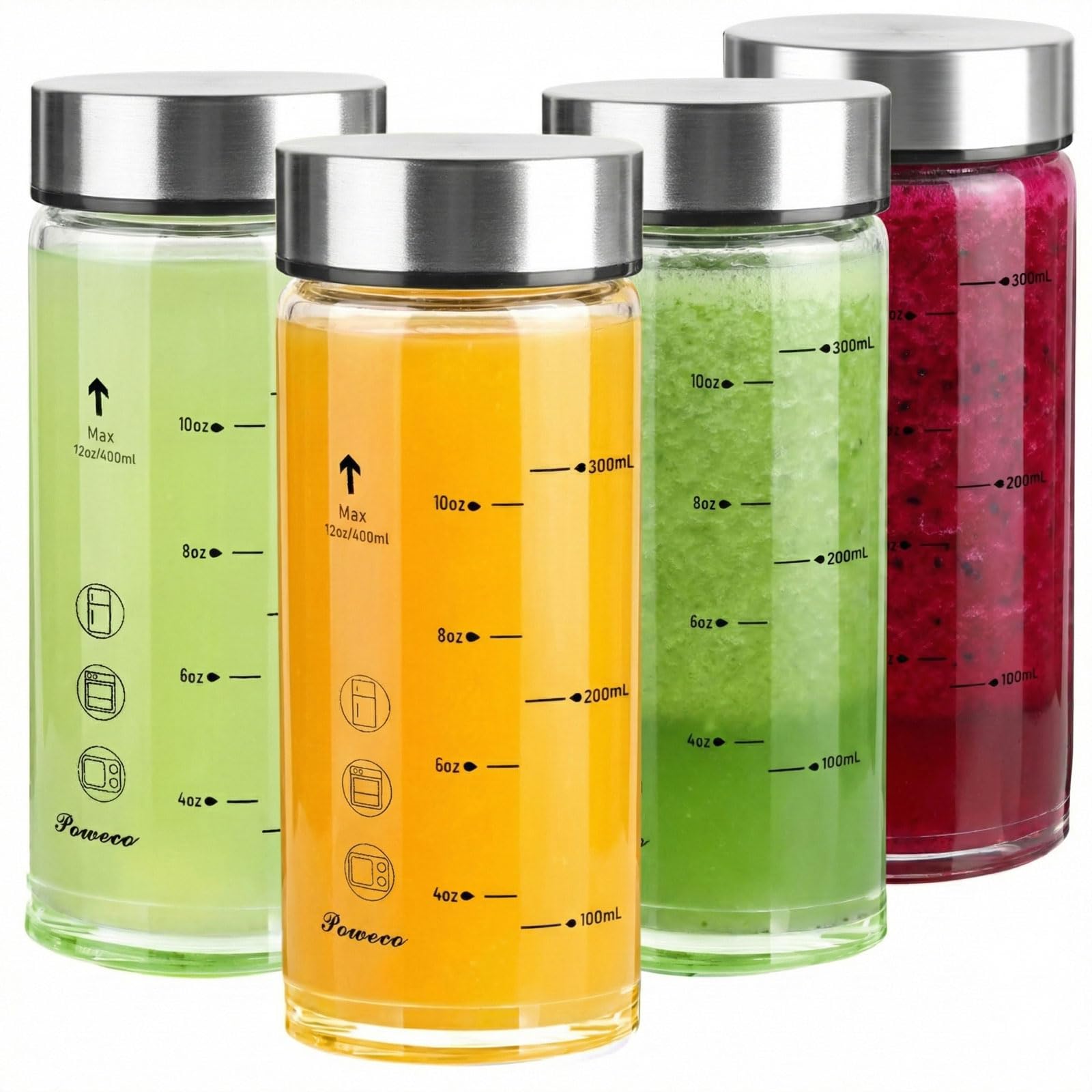 Glass Juice Bottles 4 Pack 20 oz - Wide Mouth Glass Water Bottles with Lids - for Juicing, Protein, Smoothie, Milk, Reusable, BPA Free, Stainless Steel Lids, Blender, Shaker Bottle (600ml)