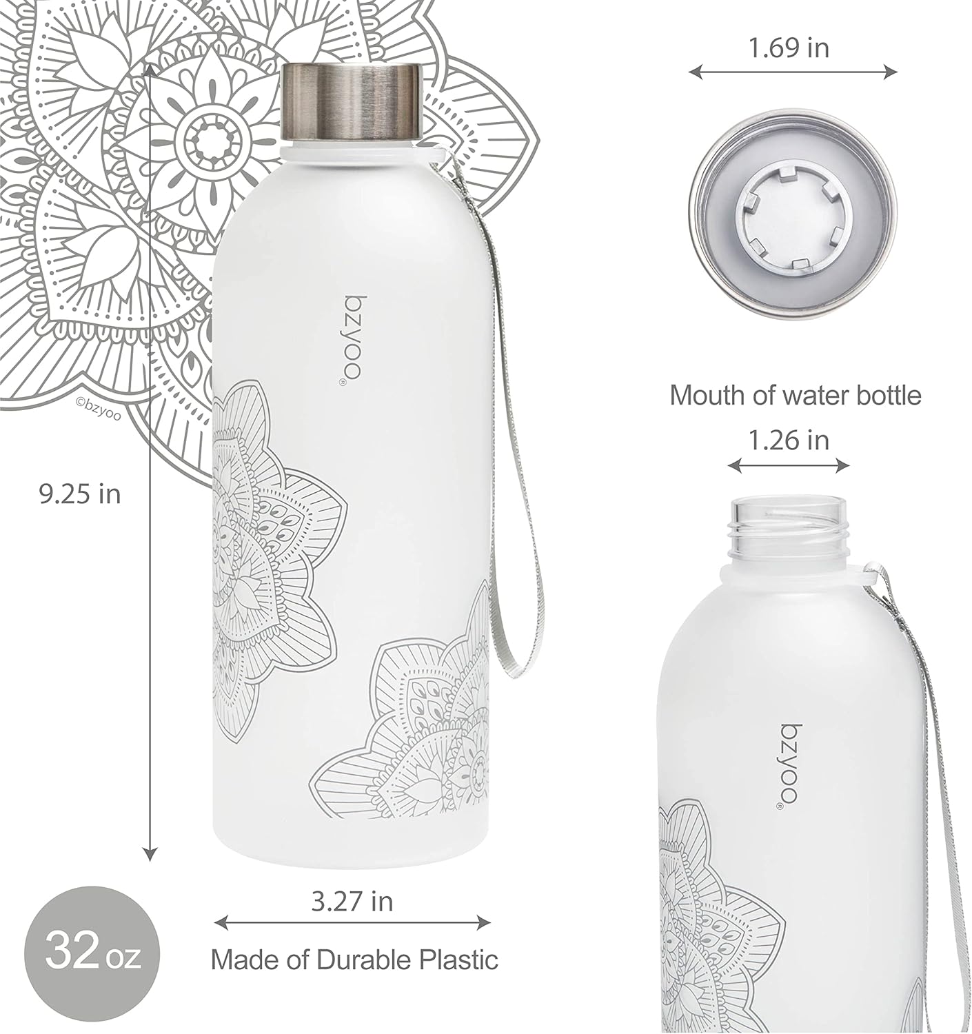 bzyoo 32 OZ 1 Liter Time Marker Water Bottle Frosted Durable Plastic With Strap - Reusable Clear Bottle With Times To Drink Time Markings For Daily Hydration Intake BPA Free (Silver)