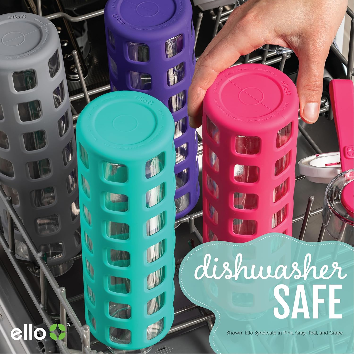Ello Syndicate 20oz Reusable Glass Water Bottle with One-Touch Leak Proof Flip Lid and Protective Non-Slip Silicone Sleeve and Carry Loop for Coffee, Tea and Water, BPA-free, Dishwasher Safe, Pink